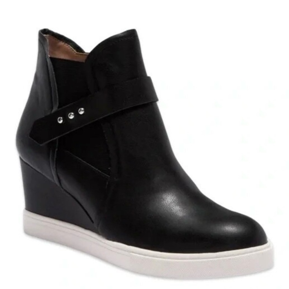 Linea Paolo Black Freshton Wedge Leather Ankle Bootie Sz 8 1/2M